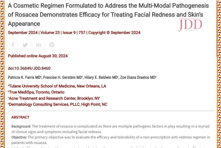 Journal of Drugs in Dermatology JDD article about A Cosmetic Regimen Formulated to Address the Multi-Modal Pathogenesis of Rosacea Demonstrates Efficacy for Treating Facial Redness and Skin's Appearance. There is a call out to the Inclusive Derm Atlas rosacea side by side pictures, including rosacea on skin of color.