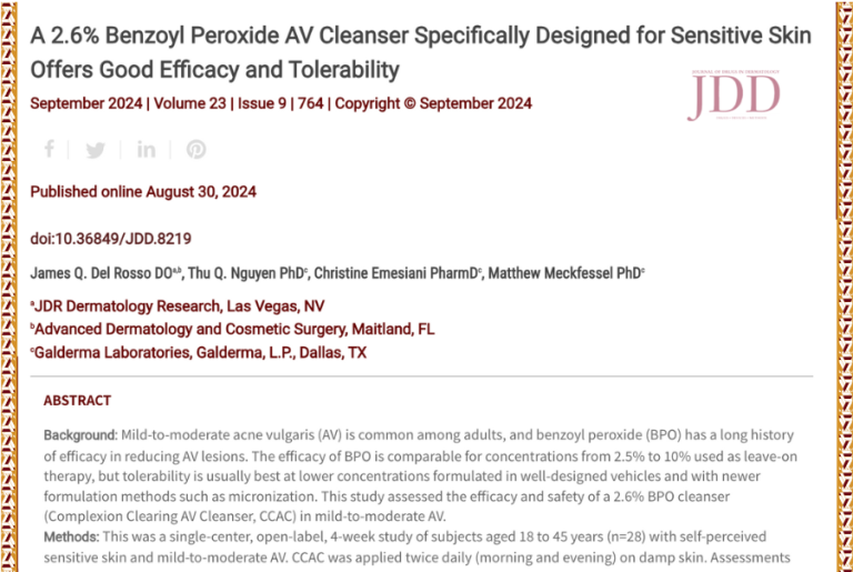 Journal of Drugs in Dermatology JDD article that’s topic is: 2.6% Benzoyl Peroxide AV Cleanser Specifically Designed for Sensitive Skin Offers Good Efficacy and Tolerability. There is a call to action to review Inclusive Derm Atlas side by side skin condition pictures of acne, including skin of color images.