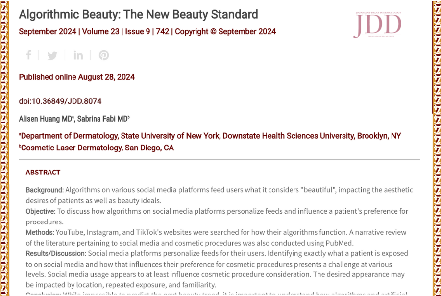 Journal of Drugs in Dermatology JDD article about social media and the algorithm for beauty standards