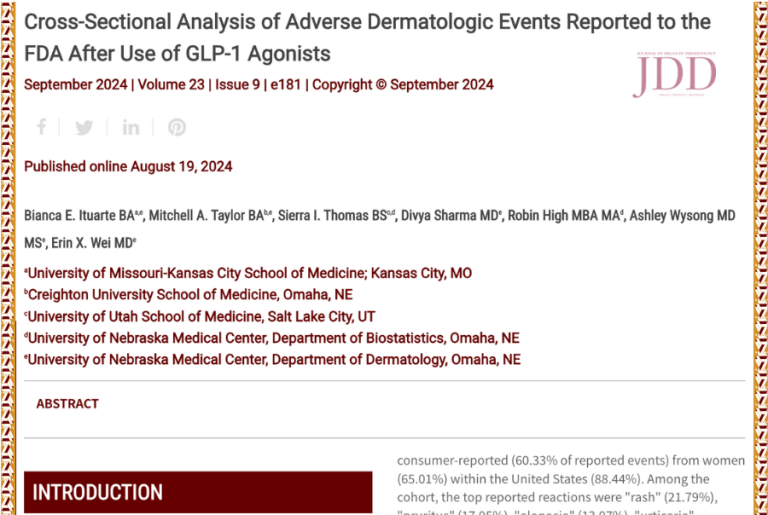 Journal of Drugs in Dermatology JDD article about Cross-Sectional Analysis of Adverse Dermatologic Events Reported to the FDA After Use of GLP-1 Agonists. The most frequent reactions were rash, pruritus, and alopecia. Links to Inclusive Derm Atlas for alopecia hair related pictures.