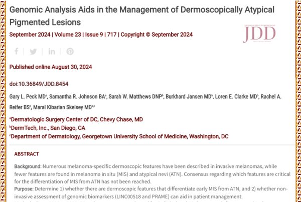 Journal of Drugs in Dermatology JDD article about Genomic Analysis Aids in the Management of Dermoscopically Atypical Pigmented Lesions. There is a call out to the Inclusive Derm Atlas for all skin tone images of malignant skin cancer, melanoma.