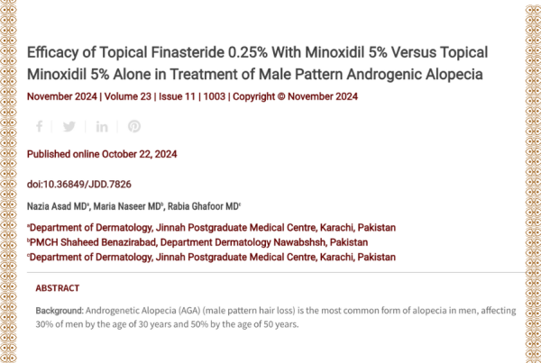 Journal of Drugs in Dermatology JDD Article About Efficacy of Topical Finasteride 0.25% With Minoxidil 5% Versus Topical Minoxidil 5% Alone in Treatment of Male Pattern Androgenic Alopecia. Picture is also taken from side by side image collection from the Full Spectrum of Dermatology: A Diverse and Inclusive Atlas.