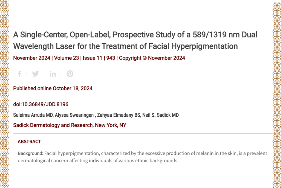 Journal of Drugs in Dermatology JDD Article About A Single-Center, Open-Label, Prospective Study of a 589/1319 nm Dual Wavelength Laser for the Treatment of Facial Hyperpigmentation. Photo from the Full Spectrum of Dermatology: A Diverse and Inclusive Altas, featuring melasma from the side by side image collection