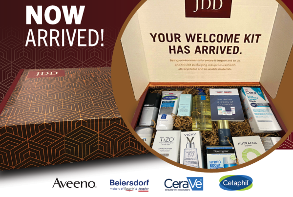 The Journal of Drugs in Dermatology Welcome Kit has now arrived to recently graduated residents who requested a kit. It includes a beautifully designed JDD branded box and an assortment of sponsored products. Sponsored logos also are displayed: Aveeno, Beiresdorf, CeraVe, Cetaphil, LaRoche Posay, Neutrogena, Nutrafol, SkinBetter, SkinCeuticals, Tizo, and Vichy