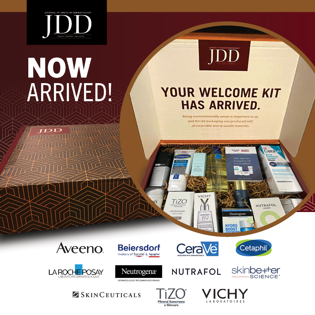 The Journal of Drugs in Dermatology Welcome Kit has now arrived to recently graduated residents who requested a kit. It includes a beautifully designed JDD branded box and an assortment of sponsored products. Sponsored logos also are displayed: Aveeno, Beiresdorf, CeraVe, Cetaphil, LaRoche Posay, Neutrogena, Nutrafol, SkinBetter, SkinCeuticals, Tizo, and Vichy