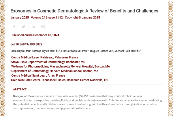 Journal of Drugs in Dermatology JDD Article About Exosomes in Cosmetic Dermatology: A Review of Benefits and Challenges.