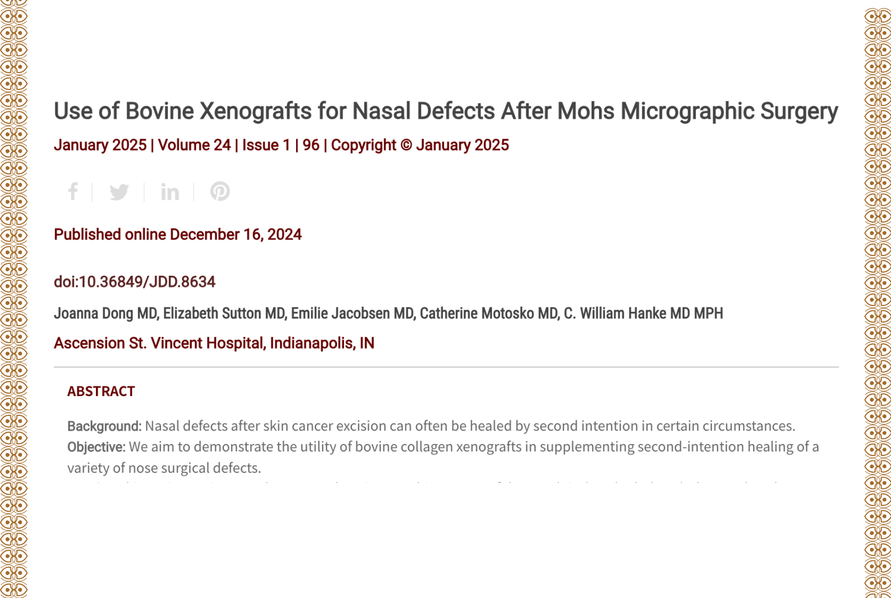 Journal of Drugs in Dermatology JDD Article About Use of Bovine Xenografts for Nasal Defects After Mohs Micrographic Surgery