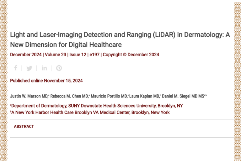 Journal of Drugs in Dermatology JDD Article About Light and Laser-Imaging Detection and Ranging (LiDAR) in Dermatology: A New Dimension for Digital Healthcare.