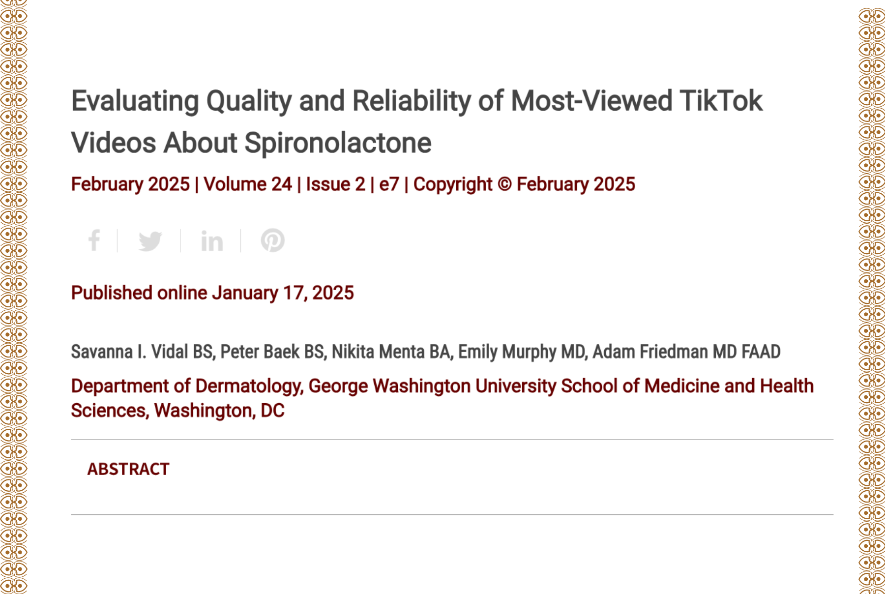 Journal of Drugs in Dermatology JDD Article About Evaluating Quality and Reliability of Most-Viewed TikTok Videos About Spironolactone