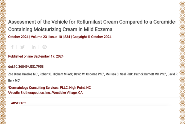 Journal of Drugs in Dermatology JDD Article About Assessment of the Vehicle for Roflumilast Cream Compared to a Ceramide-Containing Moisturizing Cream in Mild Eczema