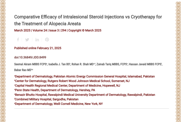 Journal of Drugs in Dermatology JDD Article About Comparative Efficacy of Intralesional Steroid Injections vs Cryotherapy for the Treatment of Alopecia Areata