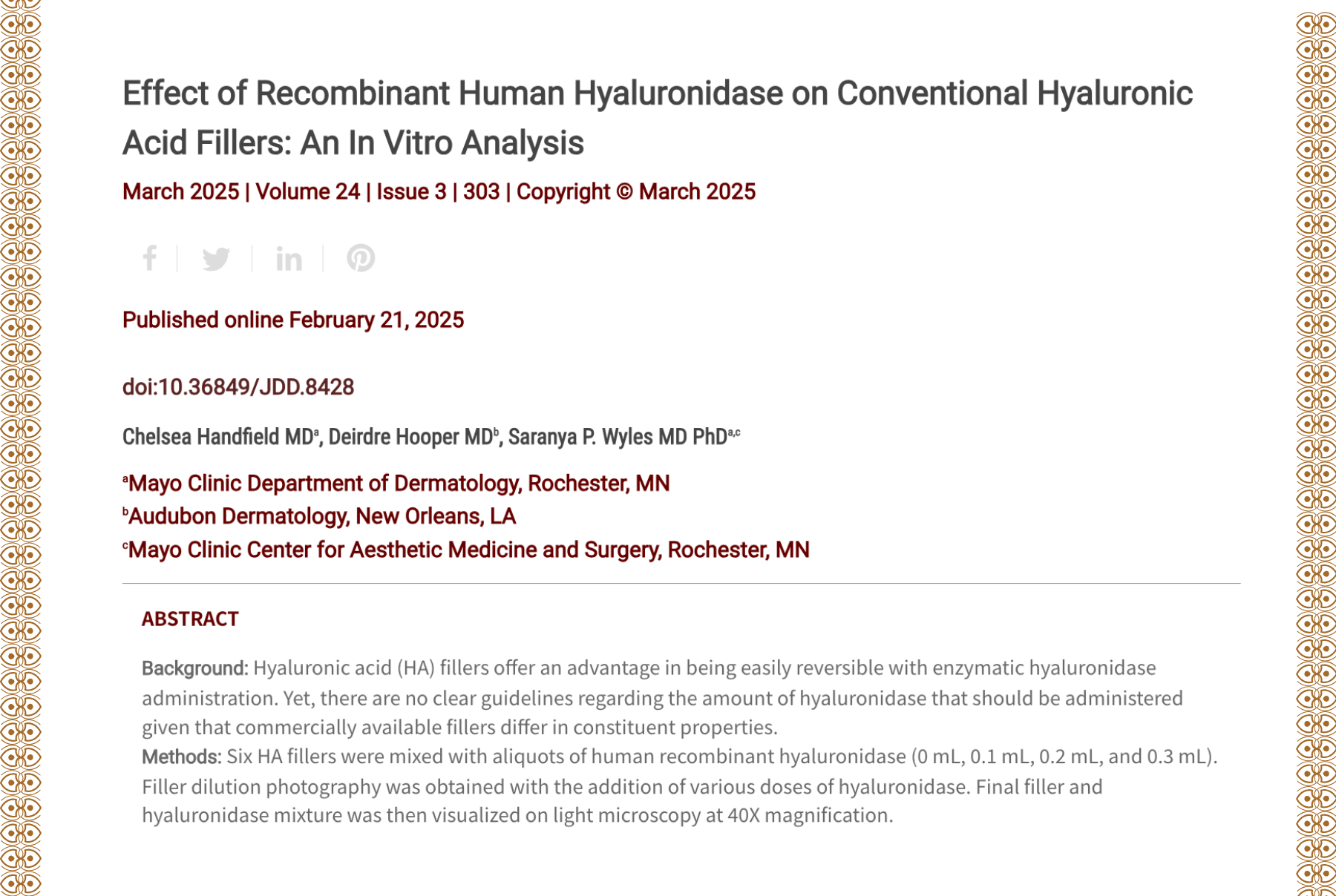 Journal of Drugs in Dermatology JDD Article About Effect of Recombinant Human Hyaluronidase on Conventional Hyaluronic Acid Fillers: An In Vitro Analysis