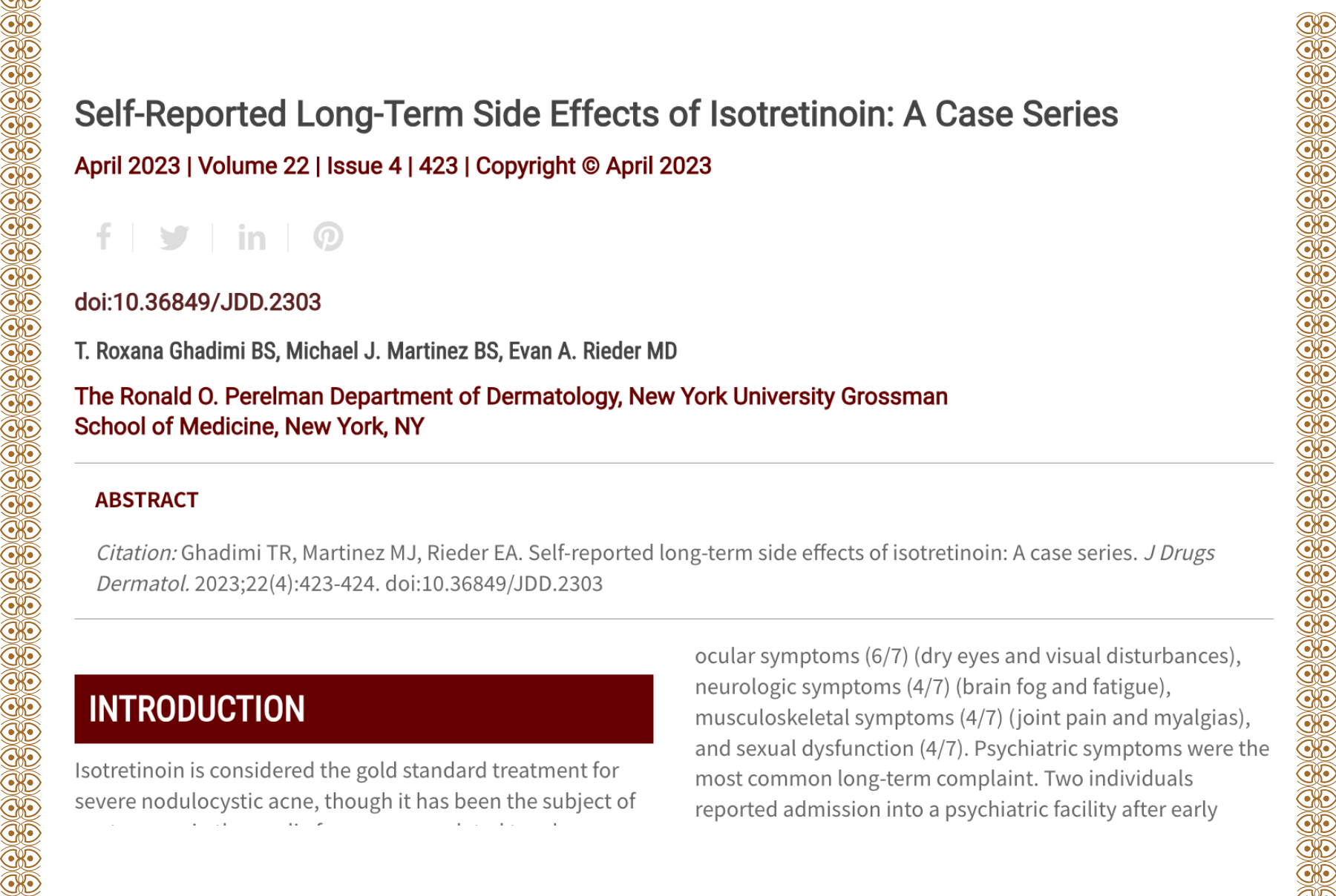 Journal of Drugs in Dermatology JDD Article About Self-Reported Long-Term Side Effects of Isotretinoin: A Case Series.