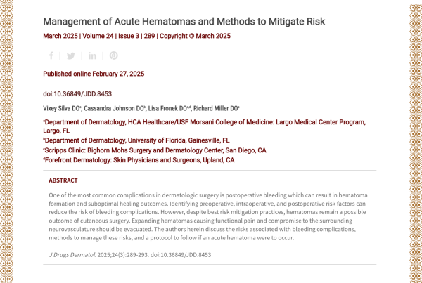 Journal of Drugs in Dermatology JDD Article About Management of Acute Hematomas and Methods to Mitigate Risk