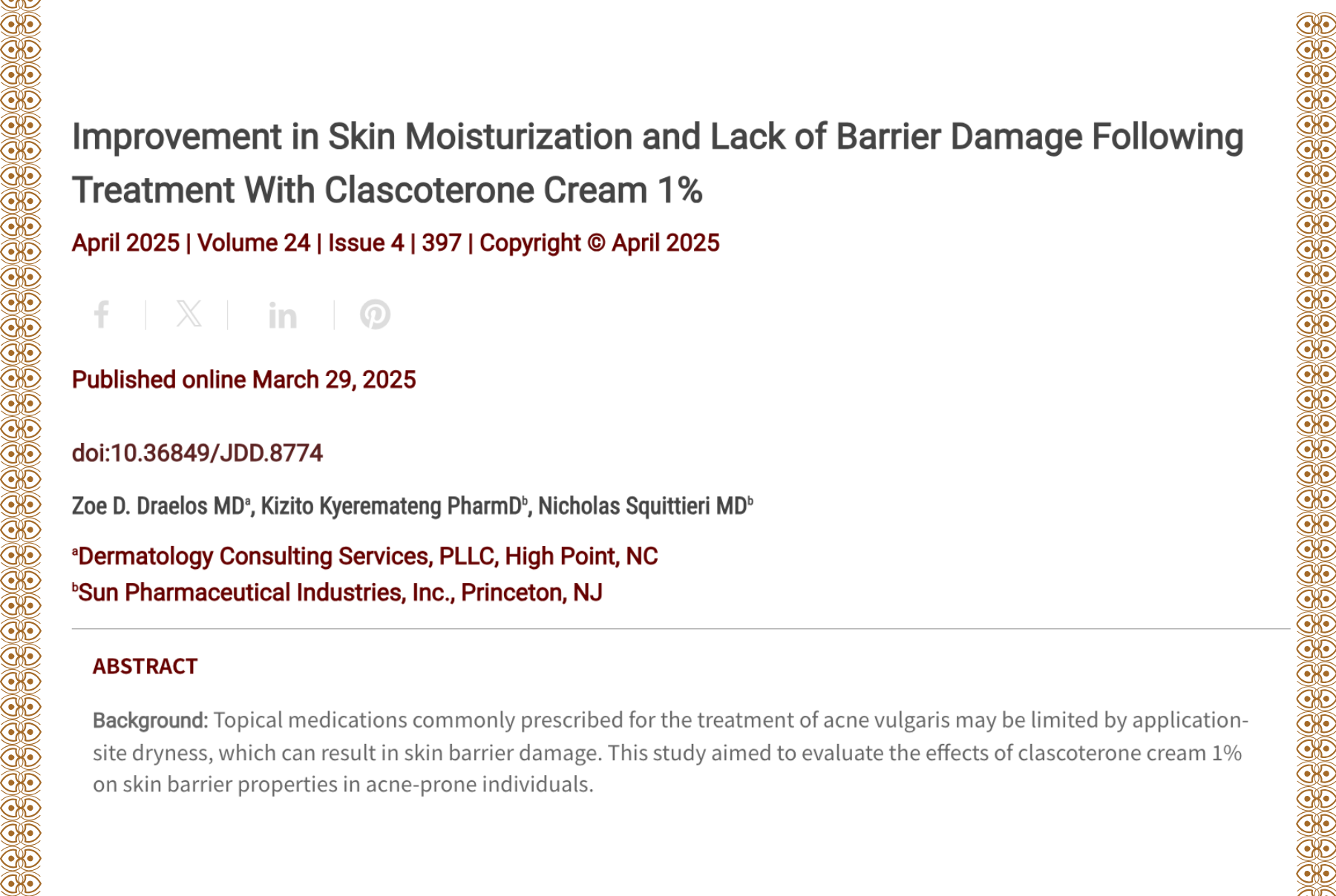Journal of Drugs in Dermatology JDD Article About Improvement in Skin Moisturization and Lack of Barrier Damage Following Treatment With Clascoterone Cream 1%