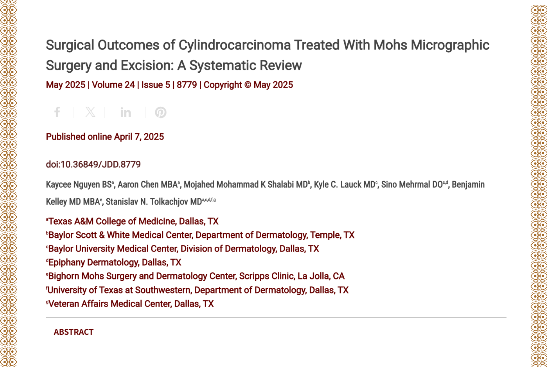 Journal of Drugs in Dermatology JDD Article About Surgical Outcomes of Cylindrocarcinoma Treated With Mohs Micrographic Surgery and Excision: A Systematic Review