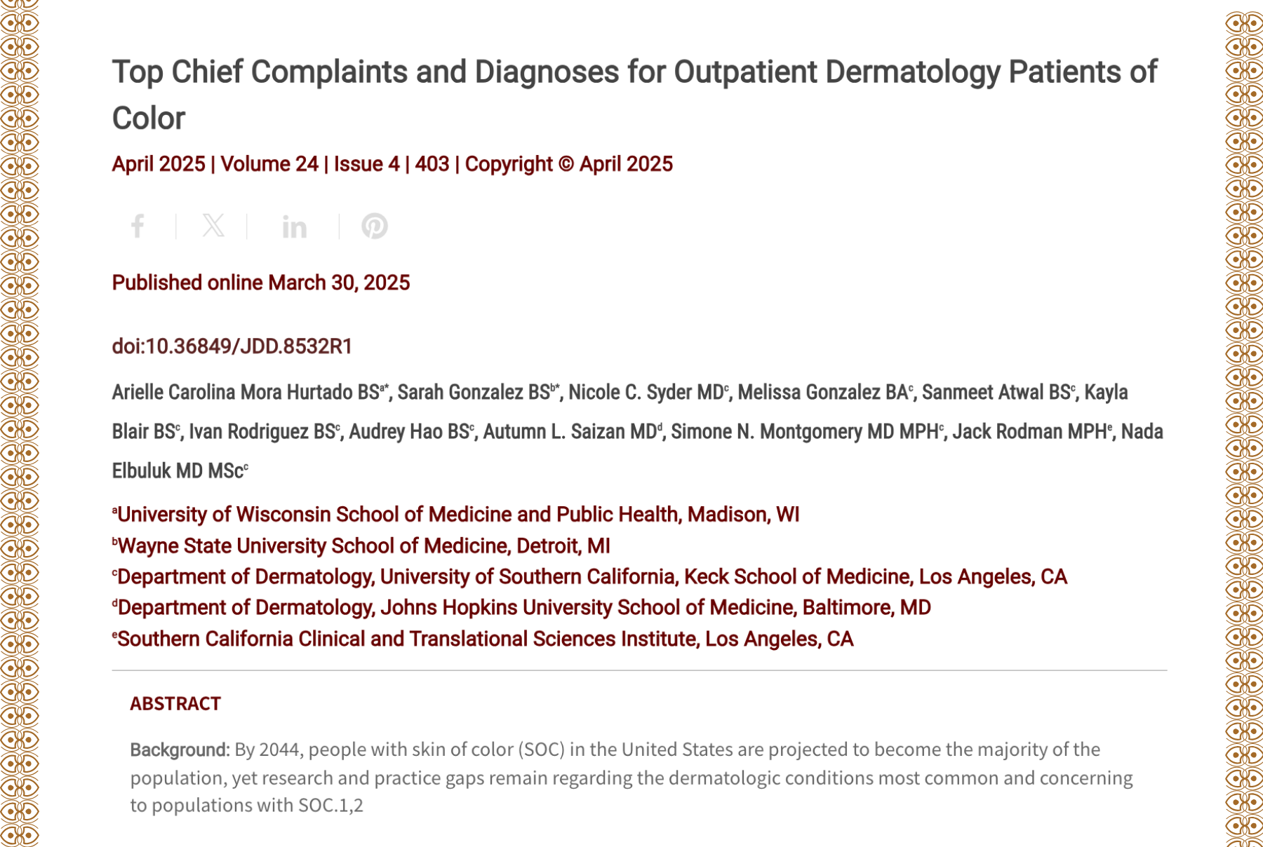 Journal of Drugs in Dermatology JDD Article About Top Chief Complaints and Diagnoses for Outpatient Dermatology Patients of Color