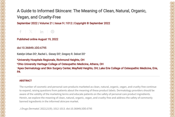 Journal of Drugs in Dermatology JDD Article About A Guide to Informed Skincare: The Meaning of Clean, Natural, Organic, Vegan, and Cruelty-Free