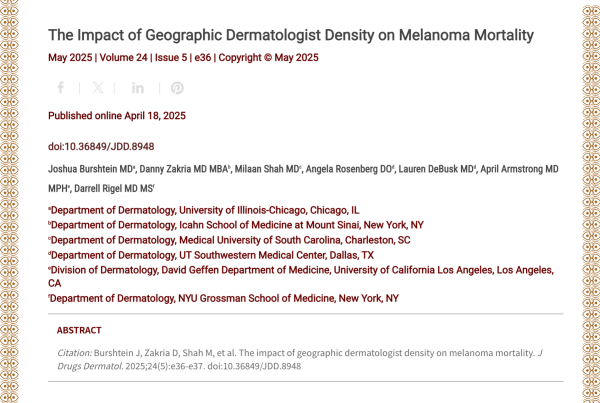 Journal of Drugs in Dermatology JDD Article About The Impact of Geographic Dermatologist Density on Melanoma Mortality