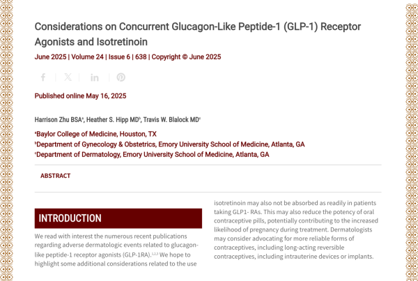 Journal of Drugs in Dermatology JDD Article About Considerations on Concurrent Glucagon-Like Peptide-1 (GLP-1) Receptor Agonists and Isotretinoin