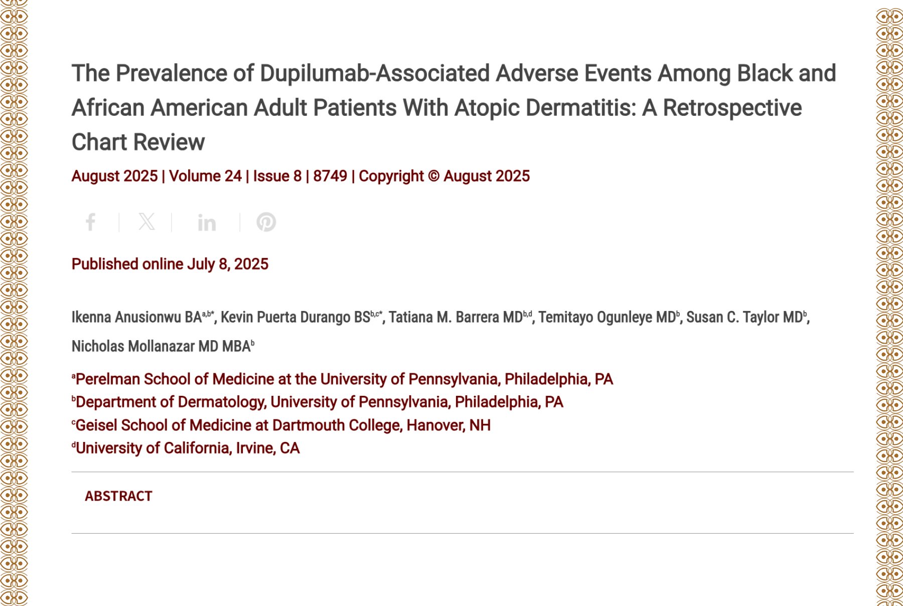Journal of Drugs in Dermatology JDD Article About The Prevalence of Dupilumab-Associated Adverse Events Among Black and African American Adult Patients With Atopic Dermatitis: A Retrospective Chart Review