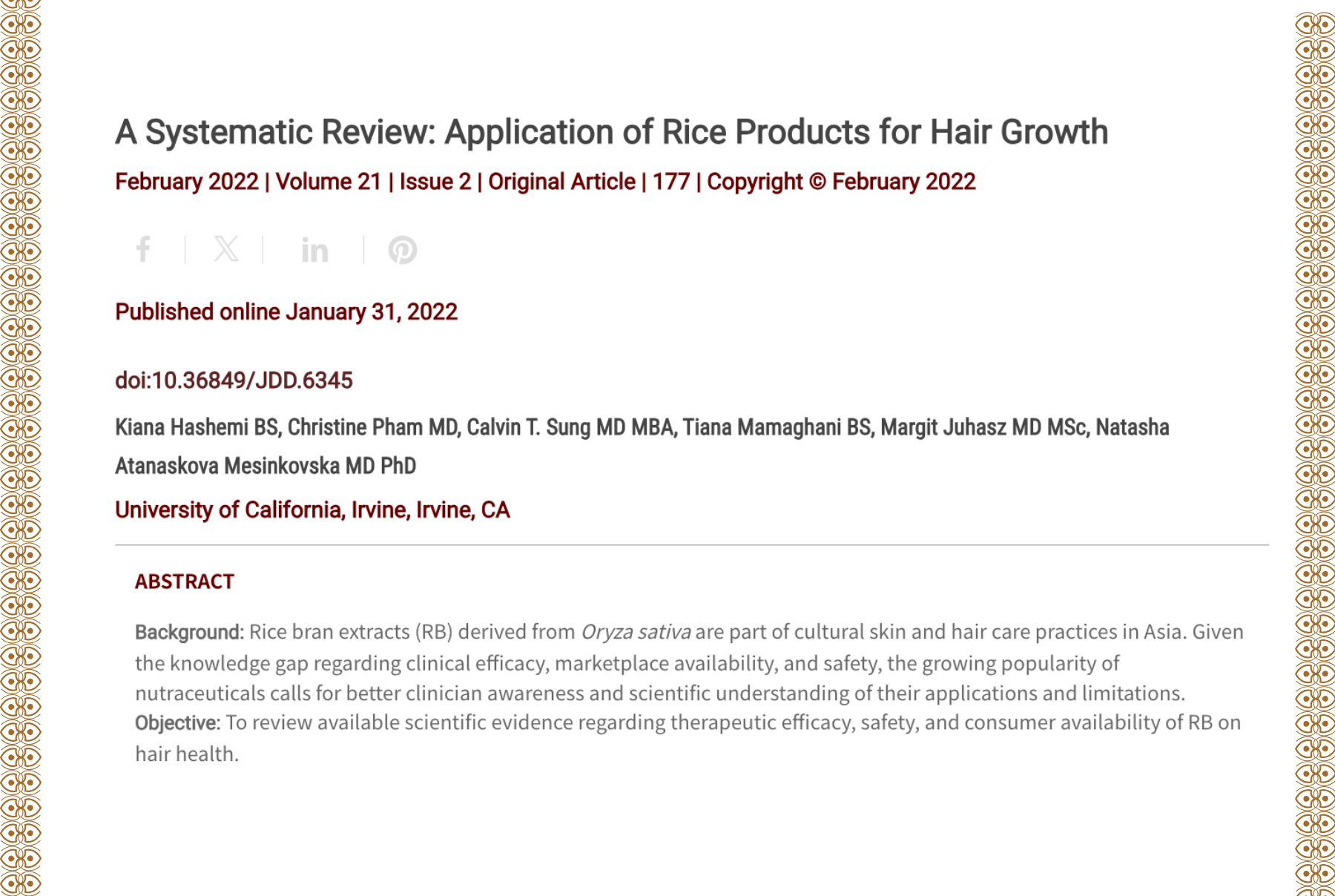 Journal of Drugs in Dermatology JDD Article About A Systematic Review: Application of Rice Products for Hair Growth