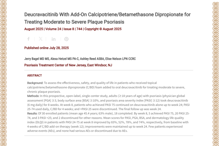 Journal of Drugs in Dermatology JDD Article About Deucravacitinib With Add-On Calcipotriene/Betamethasone Dipropionate for Treating Moderate to Severe Plaque Psoriasis