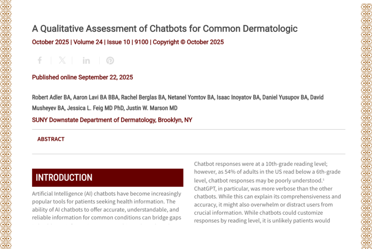 Journal of Drugs in Dermatology JDD Article About A Qualitative Assessment of Chatbots for Common Dermatologic