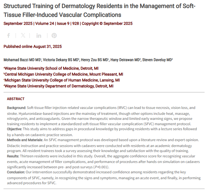 Journal of Drugs in Dermatology JDD Article About Structured Training of Dermatology Residents in the Management of Soft-Tissue Filler-Induced Vascular Complications