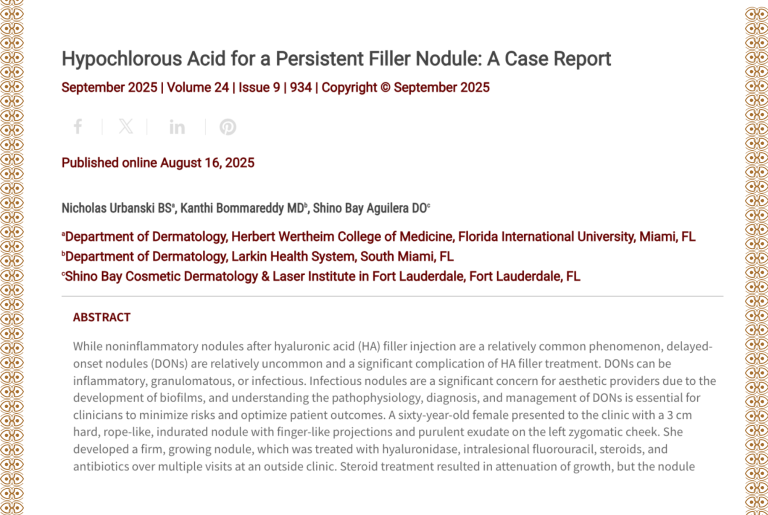 Journal of Drugs in Dermatology JDD Article About Hypochlorous Acid for a Persistent Filler Nodule: A Case Report