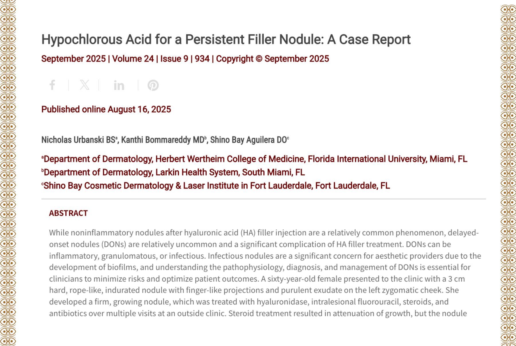 Journal of Drugs in Dermatology JDD Article About Hypochlorous Acid for a Persistent Filler Nodule: A Case Report