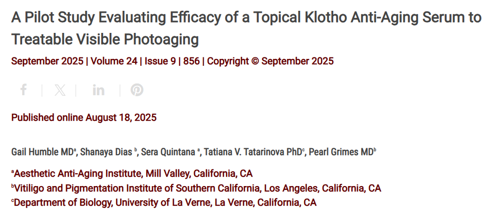 Journal of Drugs in Dermatology JDD Article About A Pilot Study Evaluating Efficacy of a Topical Klotho Anti-Aging Serum to Treatable Visible Photoaging