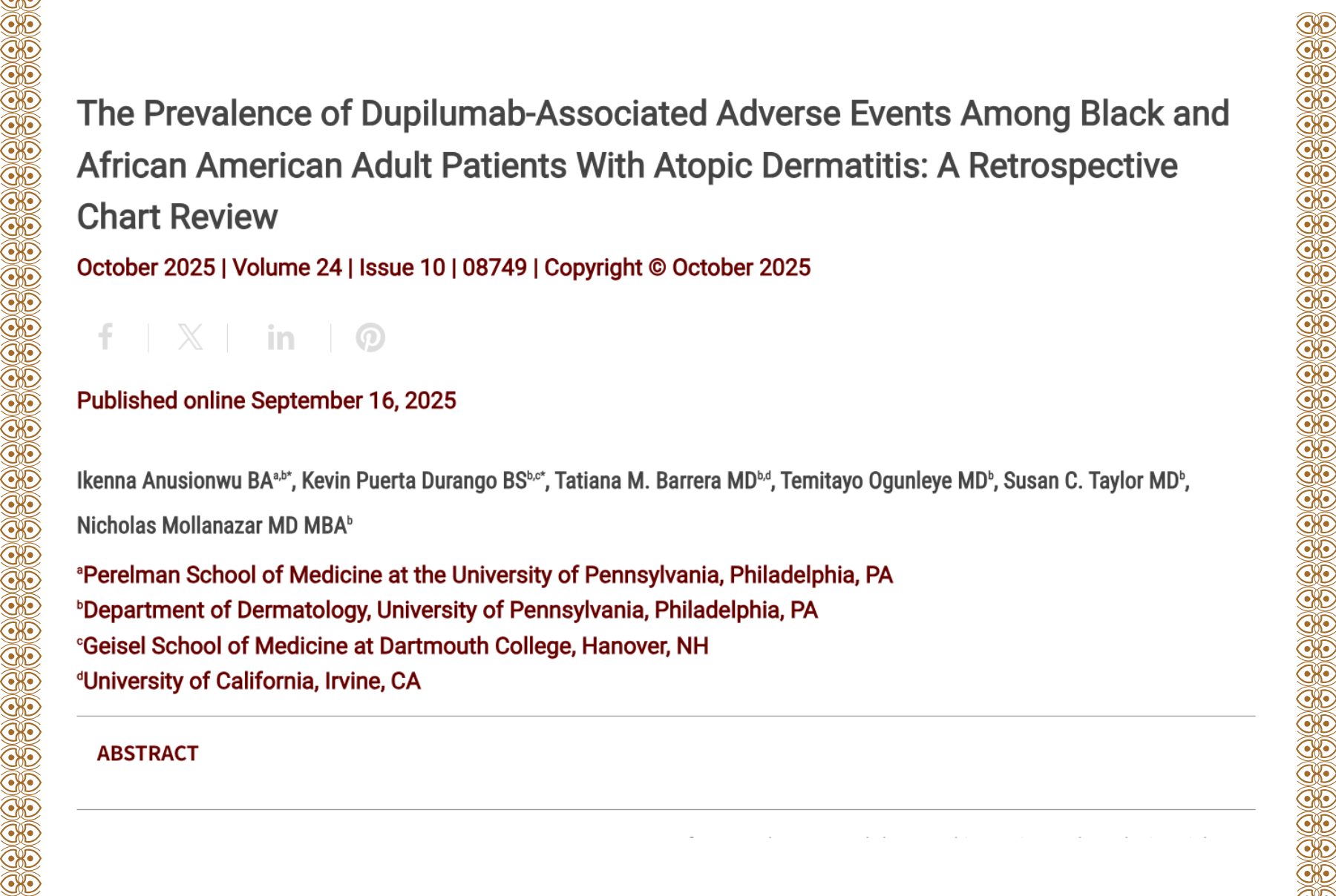 Journal of Drugs in Dermatology JDD Article About The Prevalence of Dupilumab-Associated Adverse Events Among Black and African American Adult Patients With Atopic Dermatitis: A Retrospective Chart Review