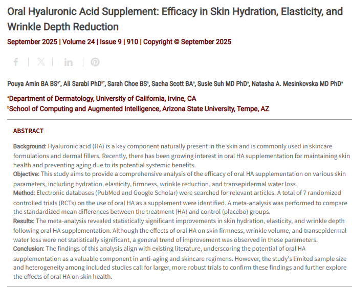 Journal of Drugs in Dermatology JDD Article About Oral Hyaluronic Acid Supplement: Efficacy in Skin Hydration, Elasticity, and Wrinkle Depth Reduction