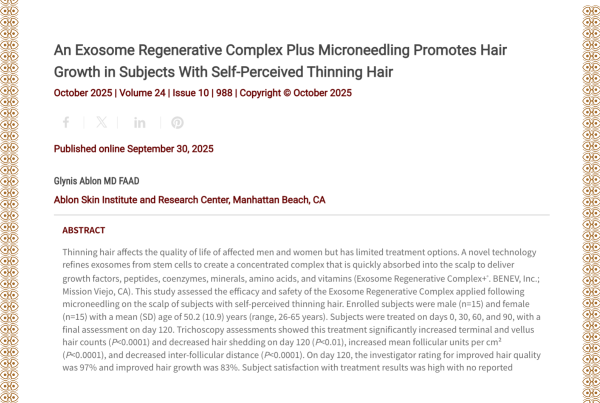 Journal of Drugs in Dermatology JDD Article About An Exosome Regenerative Complex Plus Microneedling Promotes Hair Growth in Subjects With Self-Perceived Thinning Hair