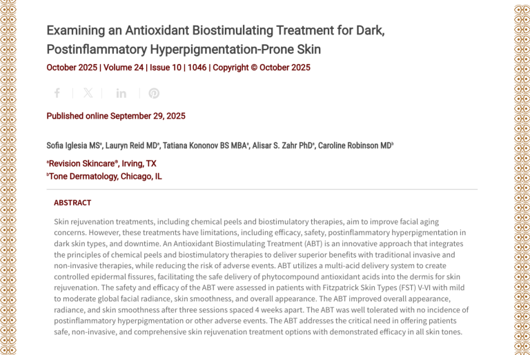 Journal of Drugs in Dermatology JDD Article About Examining an Antioxidant Biostimulating Treatment for Dark, Postinflammatory Hyperpigmentation-Prone Skin. Concentrates on skin of color