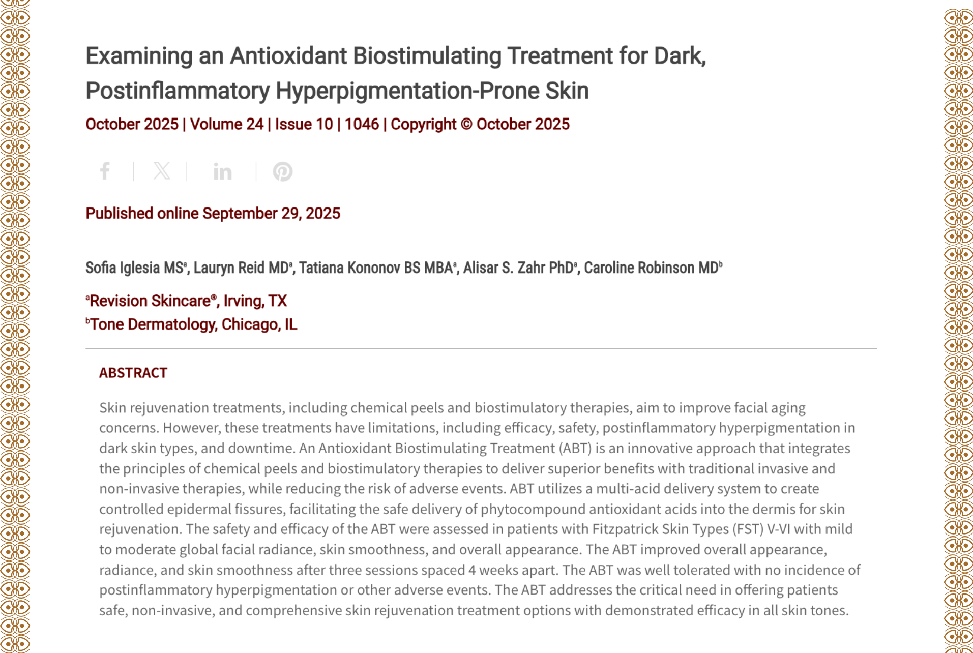 Journal of Drugs in Dermatology JDD Article About Examining an Antioxidant Biostimulating Treatment for Dark, Postinflammatory Hyperpigmentation-Prone Skin. Concentrates on skin of color
