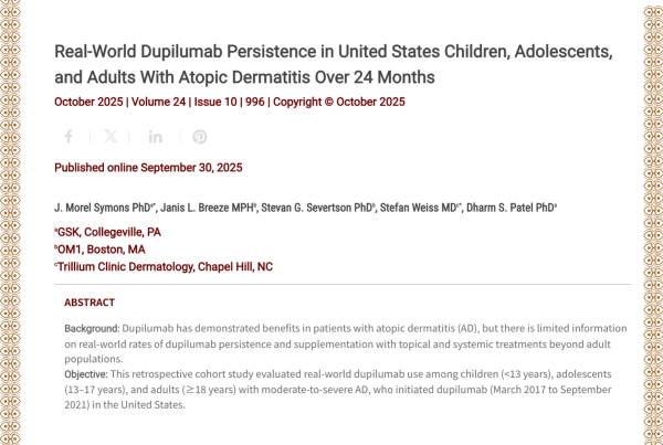 Journal of Drugs in Dermatology JDD Article About Real-World Dupilumab Persistence in United States Children, Adolescents, and Adults With Atopic Dermatitis Over 24 Months