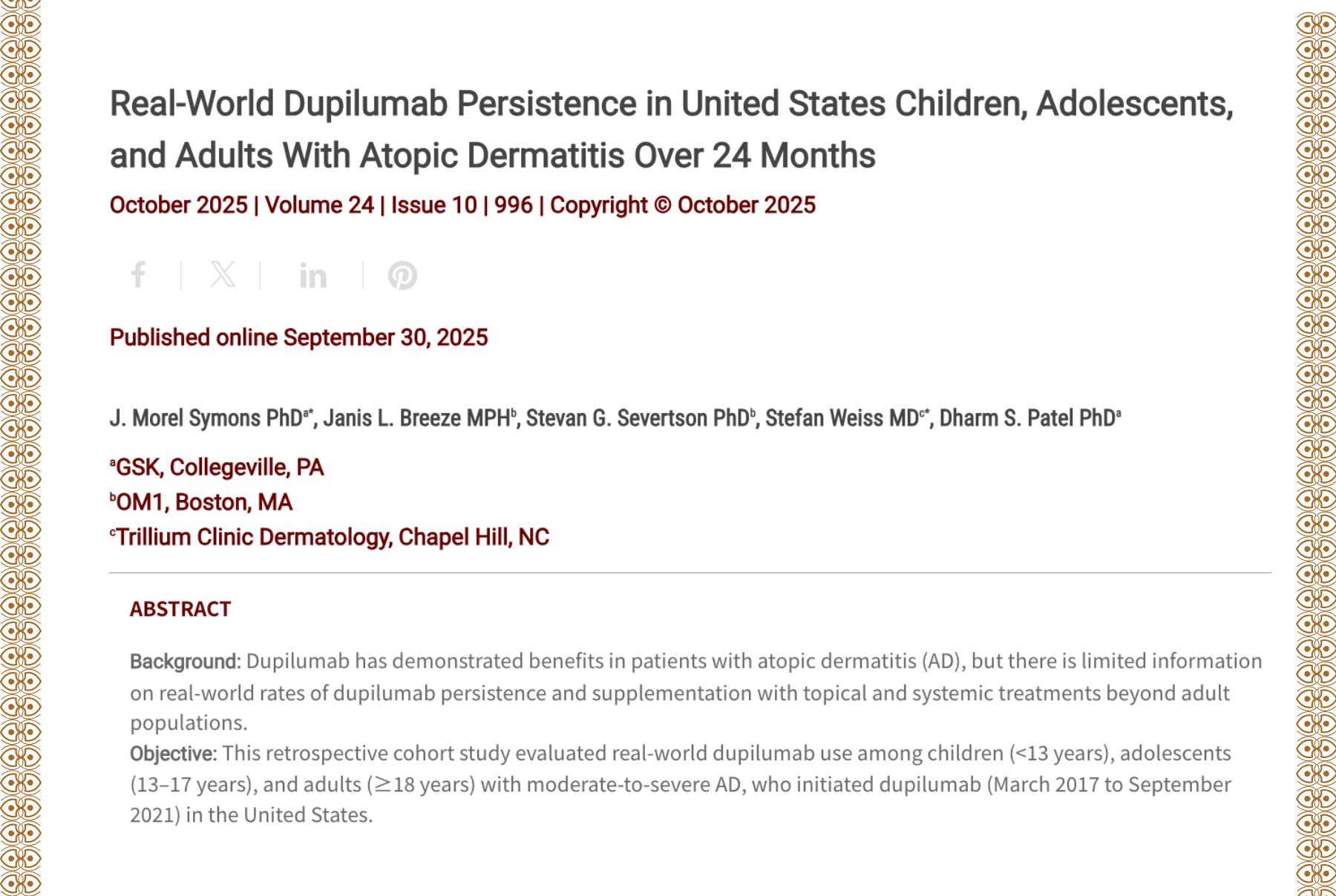 Journal of Drugs in Dermatology JDD Article About Real-World Dupilumab Persistence in United States Children, Adolescents, and Adults With Atopic Dermatitis Over 24 Months