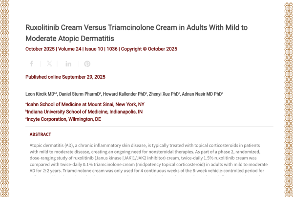 Journal of Drugs in Dermatology JDD Article About Ruxolitinib Cream Versus Triamcinolone Cream in Adults With Mild to Moderate Atopic Dermatitis