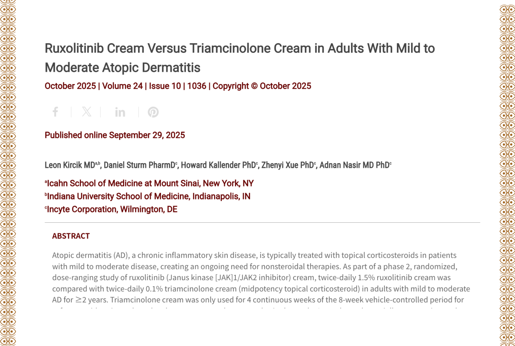 Journal of Drugs in Dermatology JDD Article About Ruxolitinib Cream Versus Triamcinolone Cream in Adults With Mild to Moderate Atopic Dermatitis