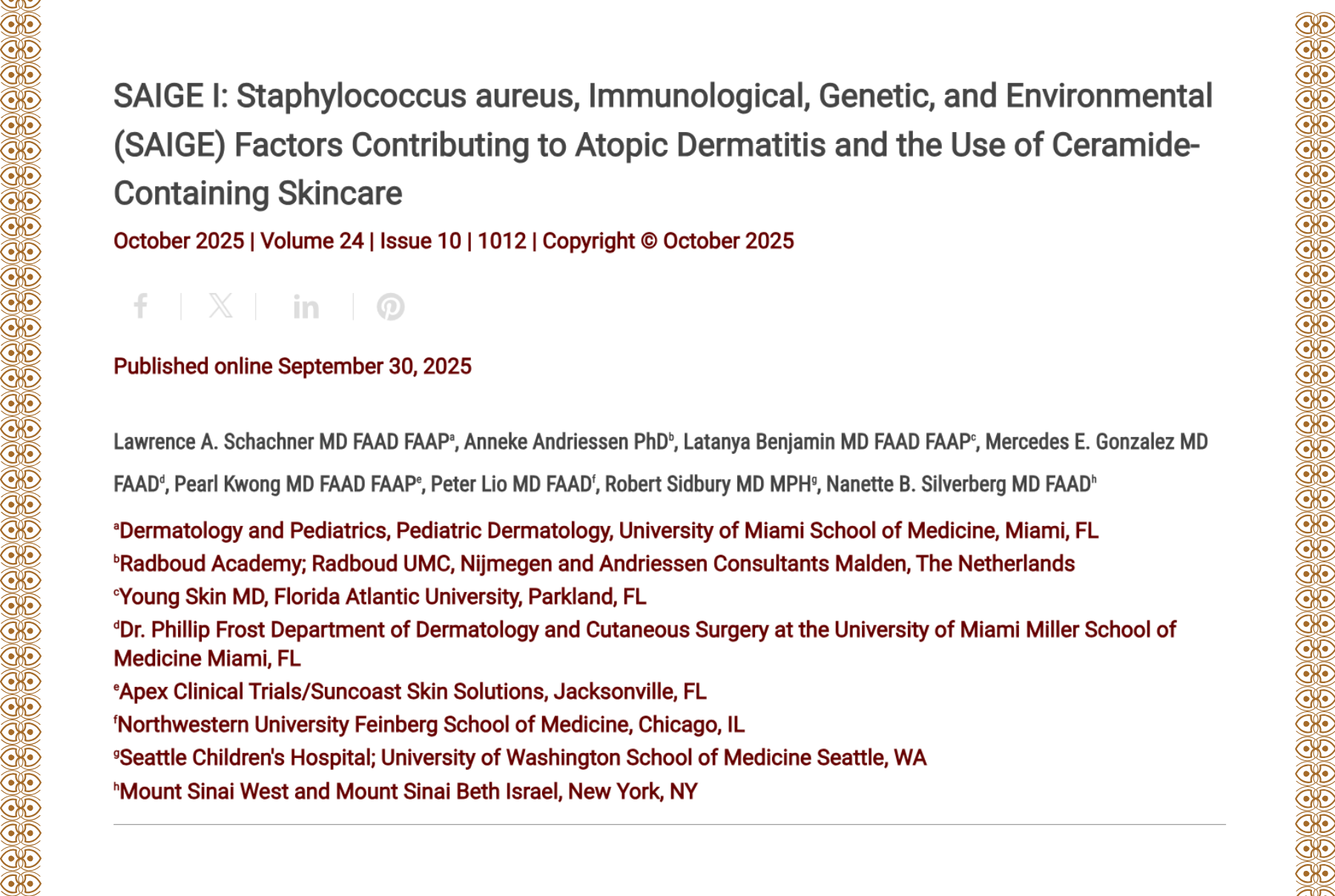 Journal of Drugs in Dermatology JDD Article About SAIGE I: Staphylococcus aureus, Immunological, Genetic, and Environmental (SAIGE) Factors Contributing to Atopic Dermatitis and the Use of Ceramide-Containing Skincare
