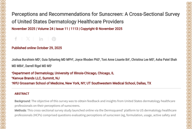 Journal of Drugs in Dermatology JDD Article about Perceptions and Recommendations for Sunscreen: A Cross-Sectional Survey of United States Dermatology Healthcare Providers