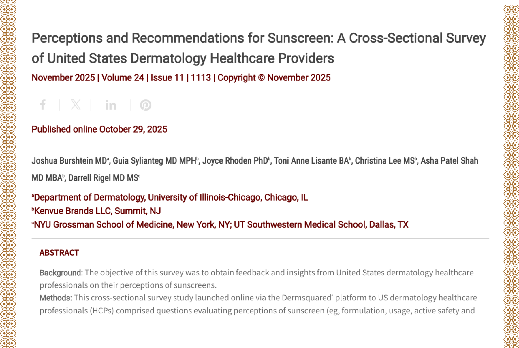 Journal of Drugs in Dermatology JDD Article about Perceptions and Recommendations for Sunscreen: A Cross-Sectional Survey of United States Dermatology Healthcare Providers