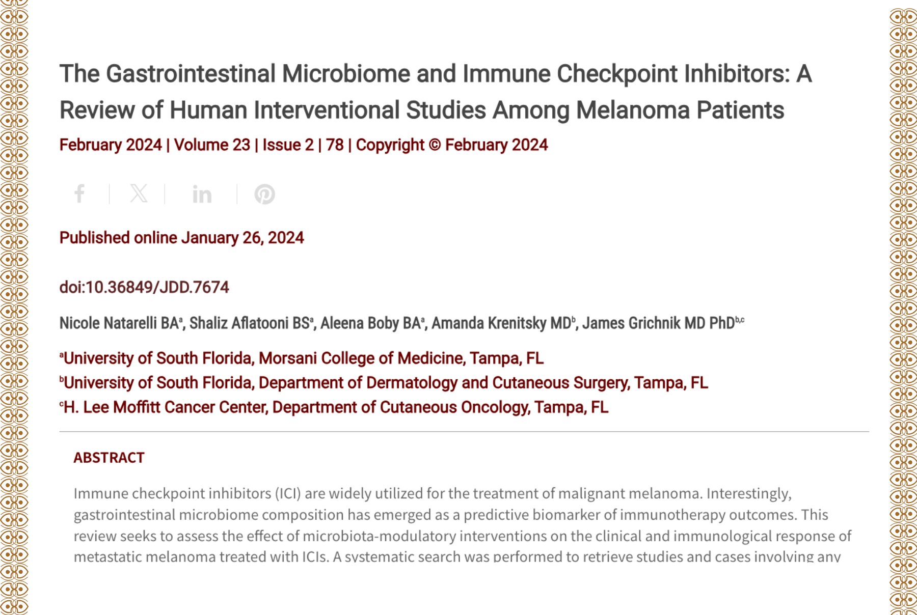 Journal of Drugs in Dermatology JDD Article about The Gastrointestinal Microbiome and Immune Checkpoint Inhibitors: A Review of Human Interventional Studies Among Melanoma Patients