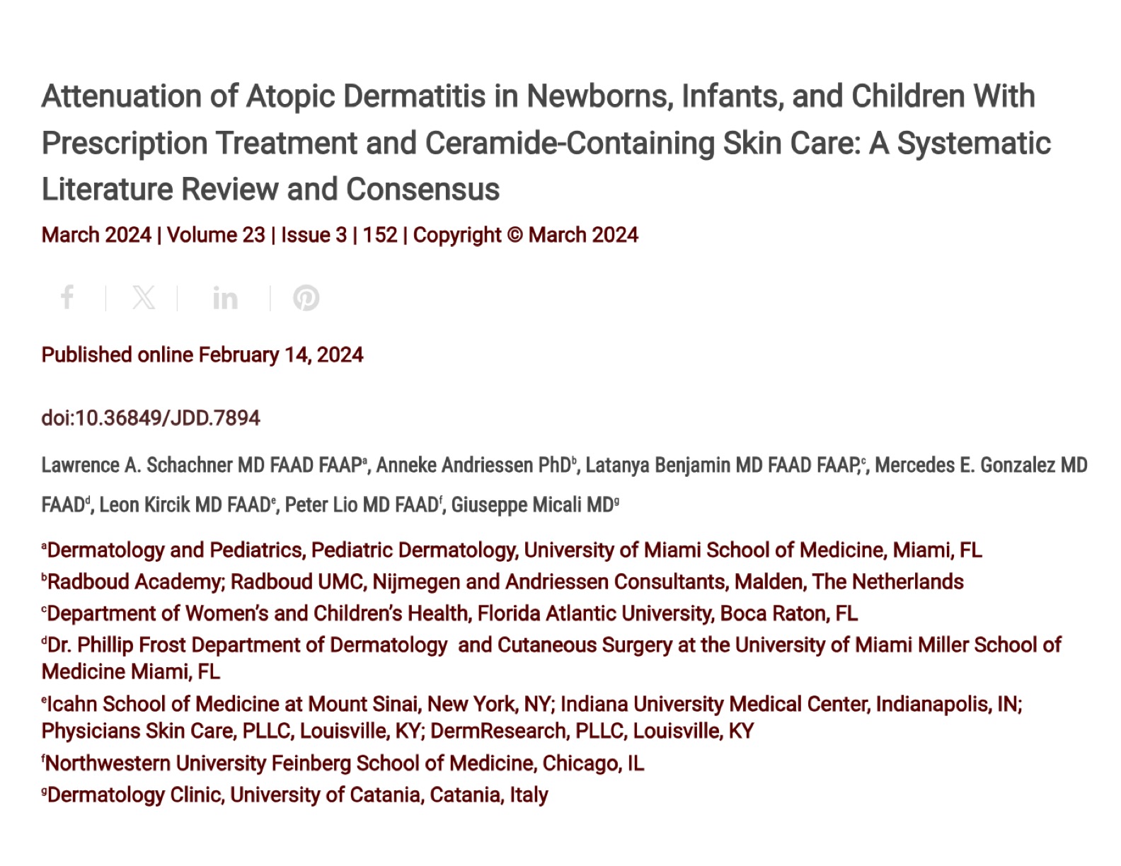Journal of Drugs in Dermatology JDD Article about Attenuation of Atopic Dermatitis in Newborns, Infants, and Children With Prescription Treatment and Ceramide-Containing Skin Care: A Systematic Literature Review and Consensus