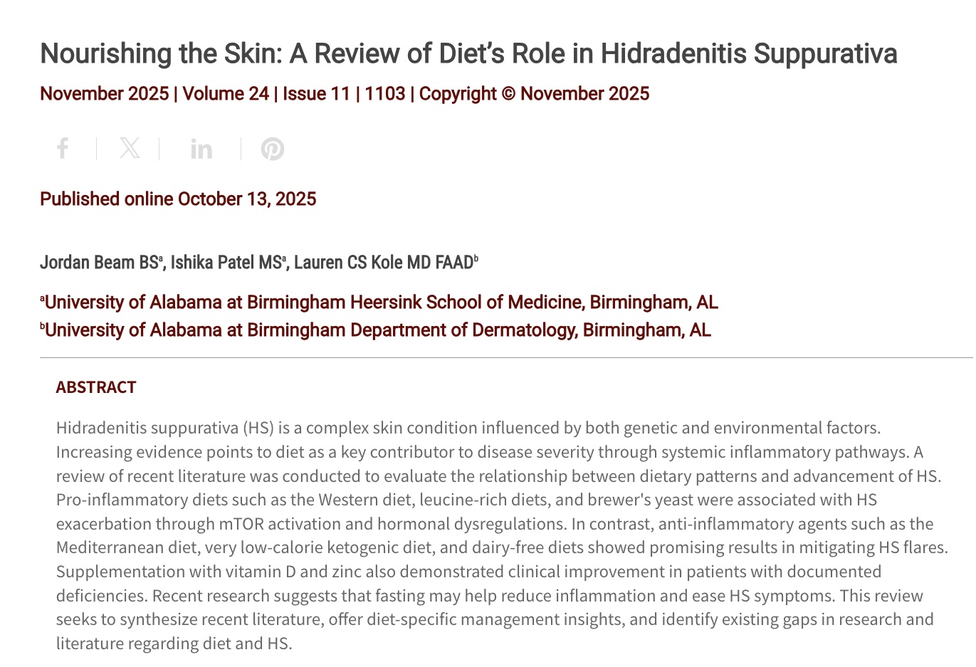 Journal of Drugs in Dermatology JDD Article about Nourishing the Skin: A Review of Diet's Role in Hidradenitis Suppurativa