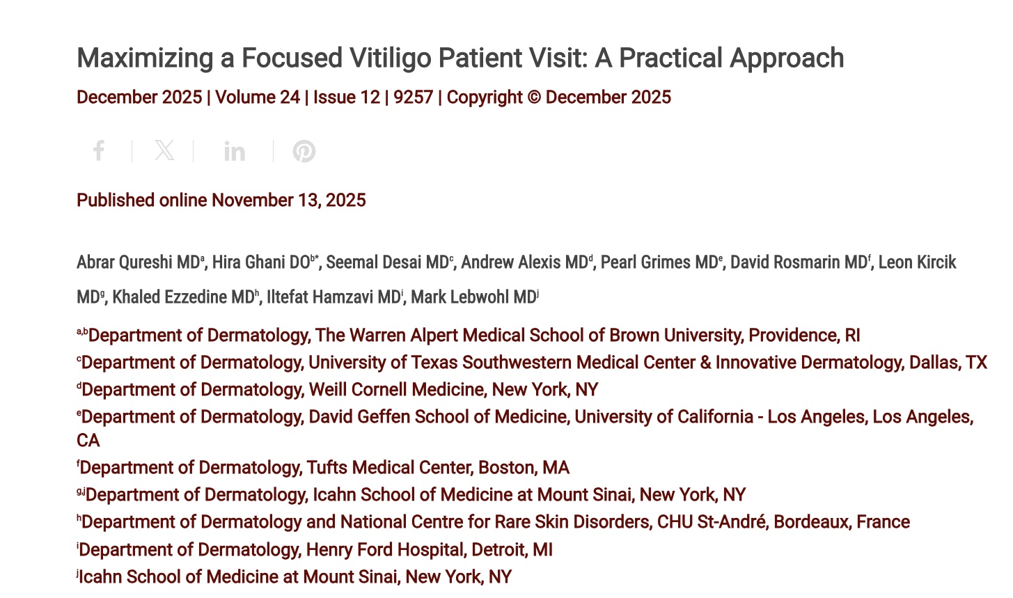 Journal of Drugs in Dermatology JDD Article about Maximizing a Focused Vitiligo Patient Visit: A Practical Approach