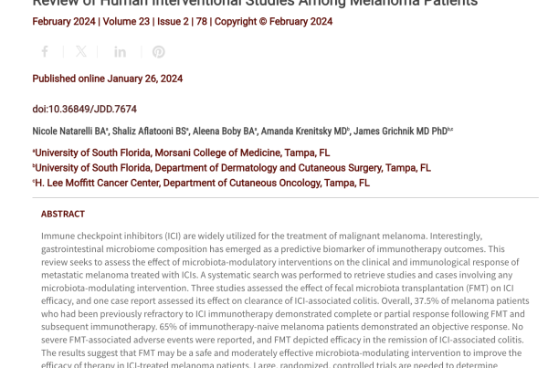 Journal of Drugs in Dermatology JDD Article about The Gastrointestinal Microbiome and Immune Checkpoint Inhibitors: A Review of Human Interventional Studies Among Melanoma Patients