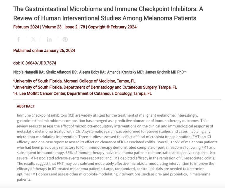 Journal of Drugs in Dermatology JDD Article about The Gastrointestinal Microbiome and Immune Checkpoint Inhibitors: A Review of Human Interventional Studies Among Melanoma Patients